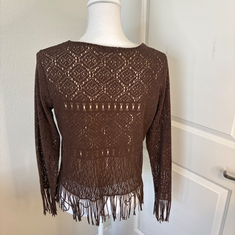 Mixit Womens Brown Crochet Knit Fringe Hem Top Long Sleeve Boho Festival Medium - Picture 3 of 4